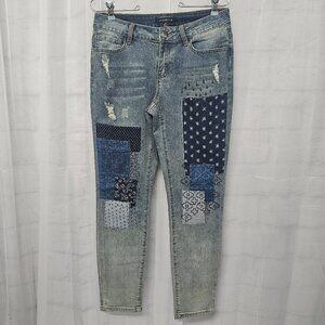 Juliette Blue Patchwork Jeans Distressed Straight Leg Crop Boho 4